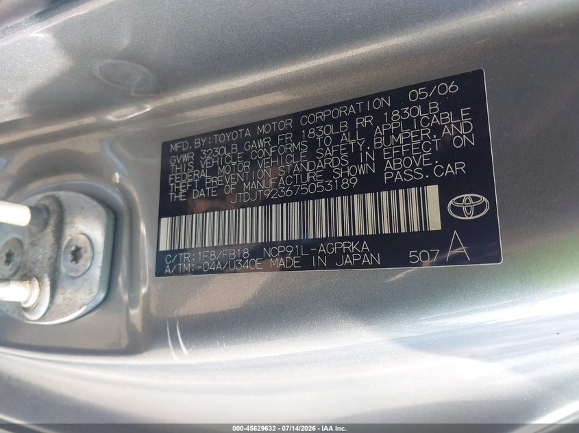 2007 Toyota Yaris VIN: JTDJT923675053189 Lot: 45629632