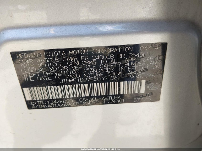 2014 Lexus Is 250 VIN: JTHBF1D27E5032106 Lot: 45629637