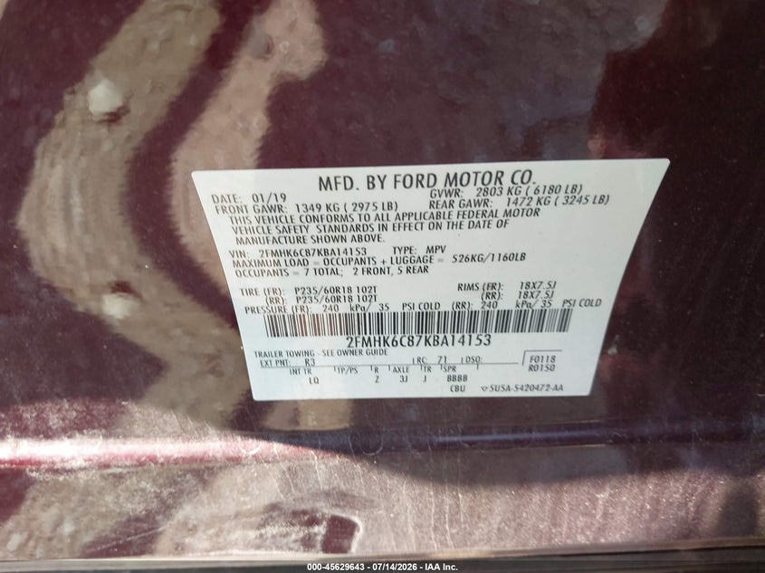 2019 Ford Flex Sel VIN: 2FMHK6C87KBA14153 Lot: 45629643