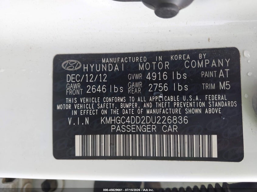 2013 Hyundai Genesis 3.8 VIN: KMHGC4DD2DU226836 Lot: 45629661