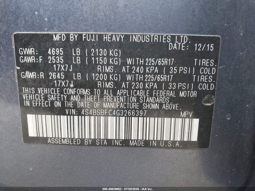 2016 Subaru Outback 2.5I Premium VIN: 4S4BSBFC4G3266397 Lot: 45629662