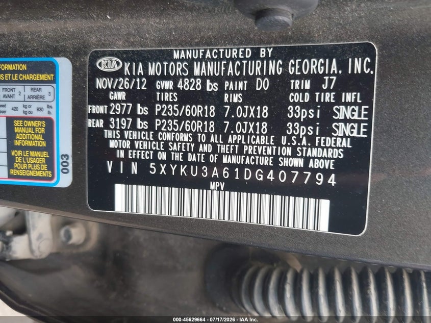 2013 Kia Sorento Ex VIN: 5XYKU3A61DG407794 Lot: 45629664