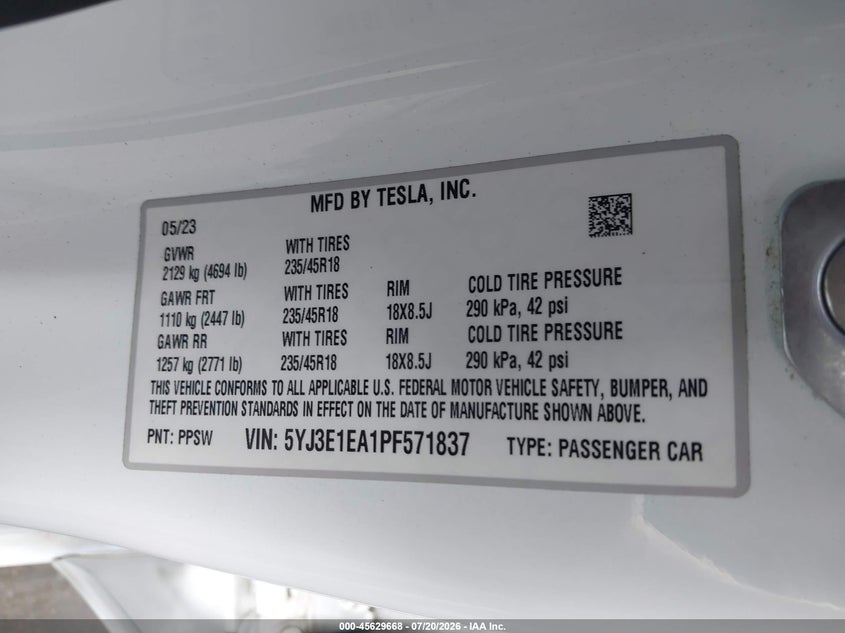 2023 Tesla Model 3 Rear-Wheel Drive VIN: 5YJ3E1EA1PF571837 Lot: 45629668