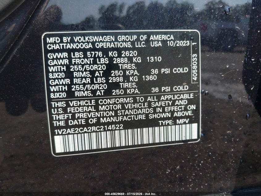 2024 Volkswagen Atlas Cross Sport 2.0T Sel R-Line VIN: 1V2AE2CA2RC214522 Lot: 45629669