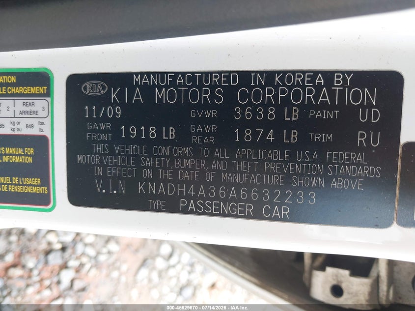 2010 Kia Rio Lx VIN: KNADH4A36A6632233 Lot: 45629670