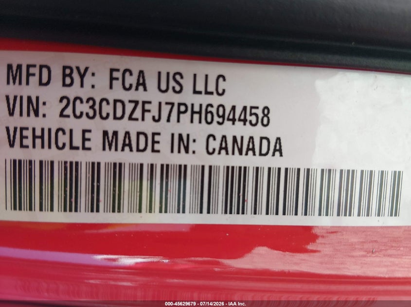 2023 Dodge Challenger R/T Scat Pack VIN: 2C3CDZFJ7PH694458 Lot: 45629679