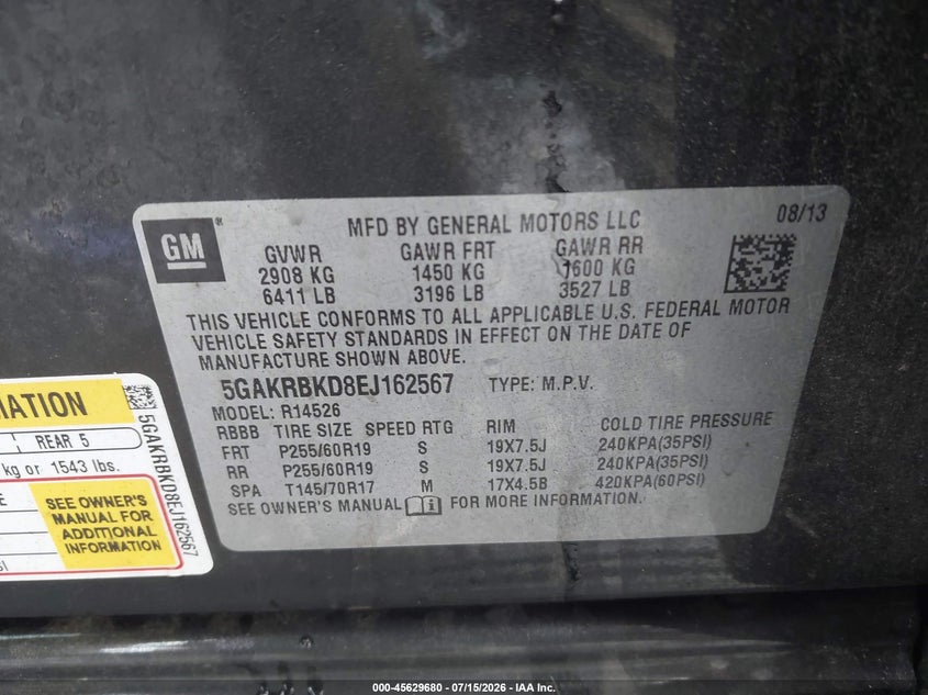 2014 Buick Enclave Leather VIN: 5GAKRBKD8EJ162567 Lot: 45629680