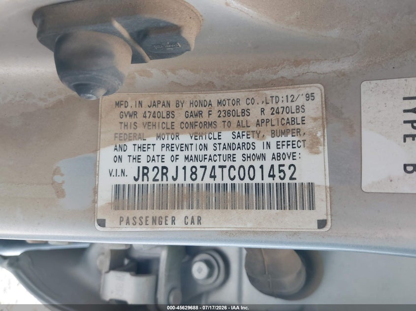 1996 Isuzu Oasis Ls VIN: JR2RJ1874TC001452 Lot: 45629688