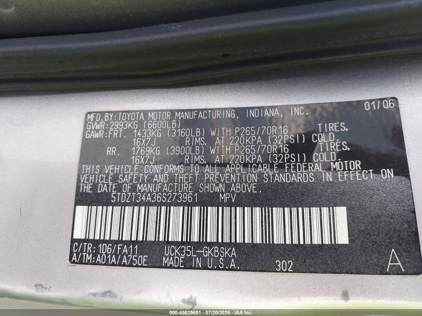 2006 Toyota Sequoia Sr5 V8 VIN: 5TDZT34A36S273961 Lot: 45629691