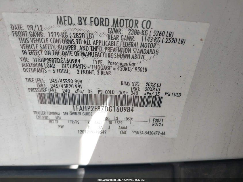 2013 Ford Taurus Limited VIN: 1FAHP2F87DG160984 Lot: 45629698