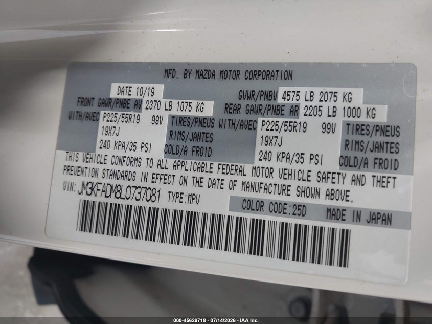 2020 Mazda Cx-5 Grand Touring VIN: JM3KFADM8L0737081 Lot: 45629718