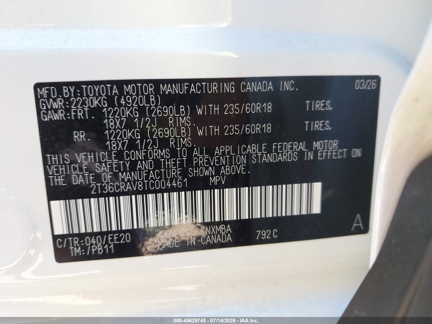 2026 Toyota Rav4 Xle Premium VIN: 2T36CRAV8TC004461 Lot: 45629745