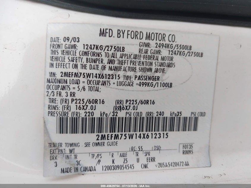 2004 Mercury Grand Marquis Ls VIN: 2MEFM75W14X612315 Lot: 45629754