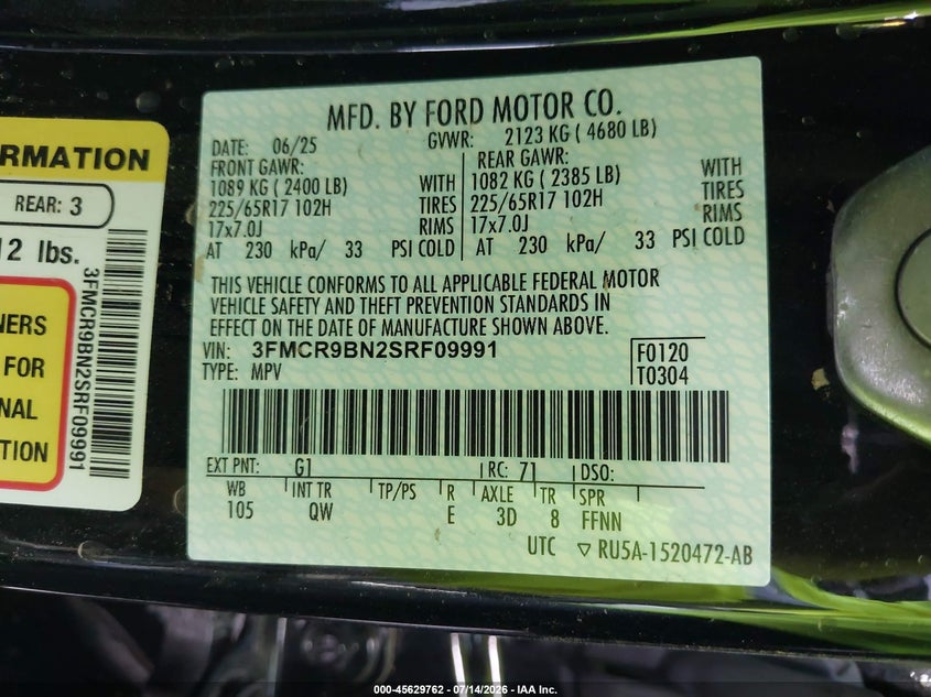 2025 Ford Bronco Sport Big Bend VIN: 3FMCR9BN2SRF09991 Lot: 45629762