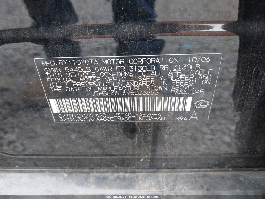 2007 Lexus Ls 460 VIN: JTHBL46F675003662 Lot: 45629775