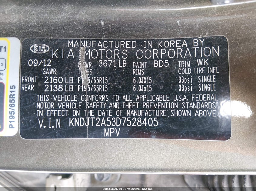 2013 Kia Soul VIN: KNDJT2A53D7528405 Lot: 45629779