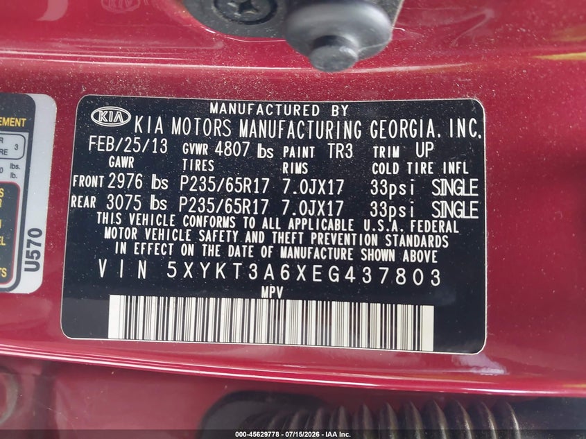 2014 Kia Sorento Lx VIN: 5XYKT3A6XEG437803 Lot: 45629778