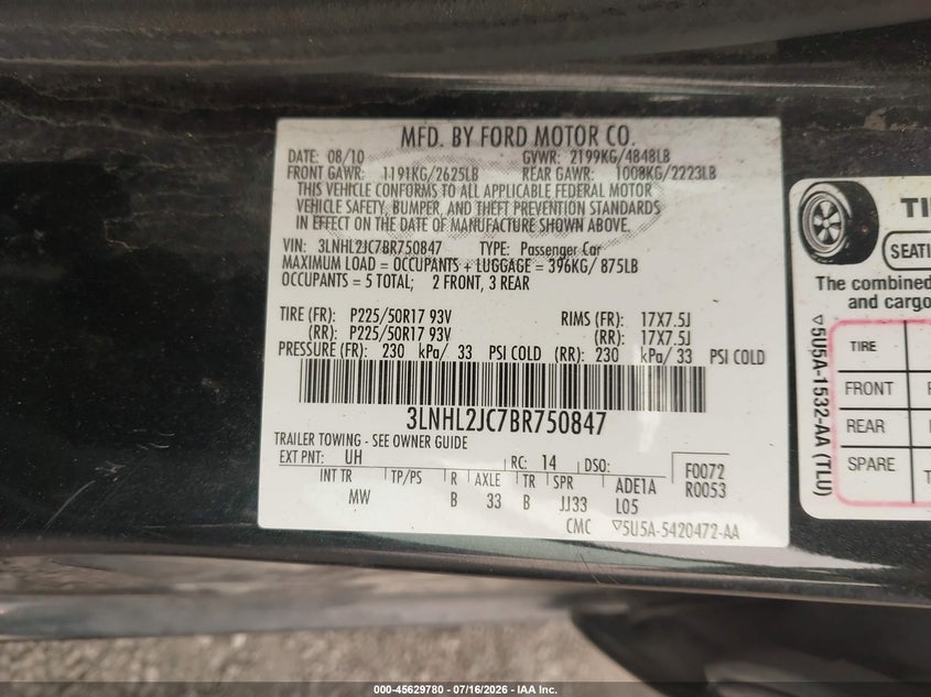 2011 Lincoln Mkz VIN: 3LNHL2JC7BR750847 Lot: 45629780