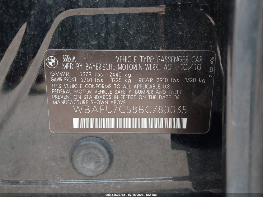 2011 BMW 535I xDrive VIN: WBAFU7C58BC780035 Lot: 45629784