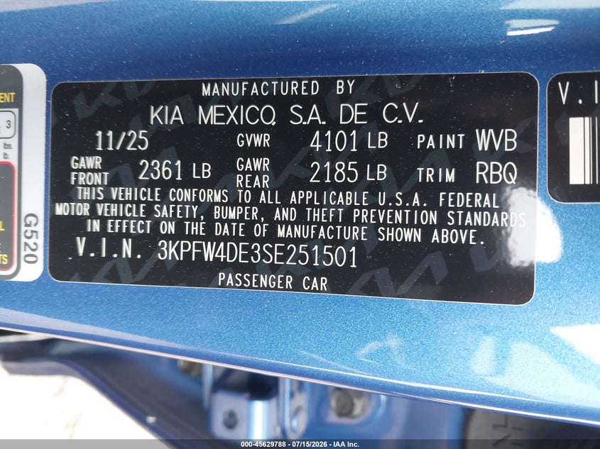 2025 Kia K4 Gt-Line VIN: 3KPFW4DE3SE251501 Lot: 45629788