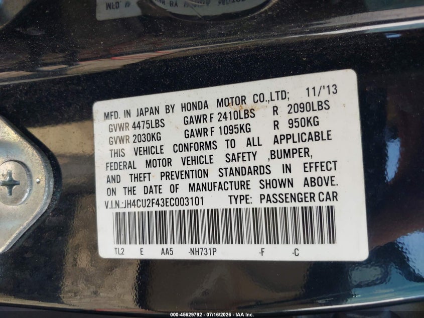 2014 Acura Tsx 2.4 VIN: JH4CU2F43EC003101 Lot: 45629792
