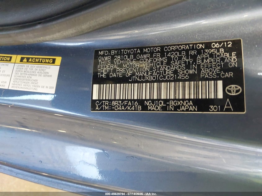 2012 Scion Iq VIN: JTNJJXB01CJ021456 Lot: 45629794