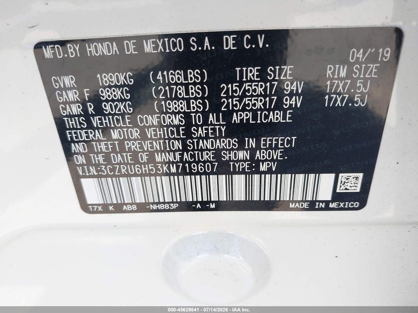2019 Honda Hr-V Ex VIN: 3CZRU6H53KM719607 Lot: 45629841