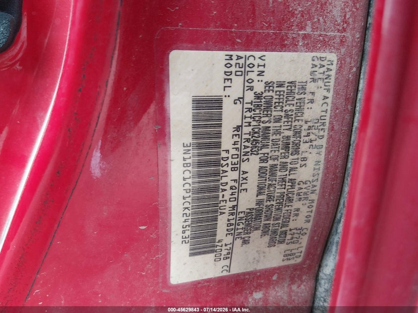 2012 Nissan Versa 1.8 S VIN: 3N1BC1CP1CK245632 Lot: 45629843