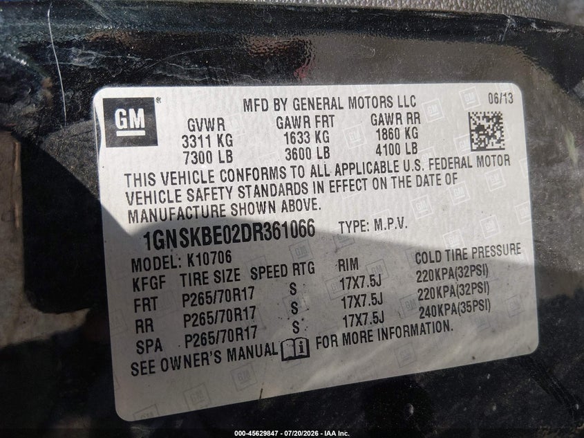 CHEVROLET TAHOE 2013 VIN 1GNSKBE02DR361066