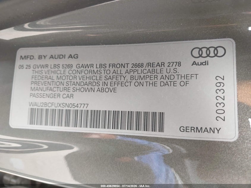 2025 Audi All-New A5 Premium Plus Tfsi Quattro S Tronic VIN: WAU2BCFUXSN054777 Lot: 45629854
