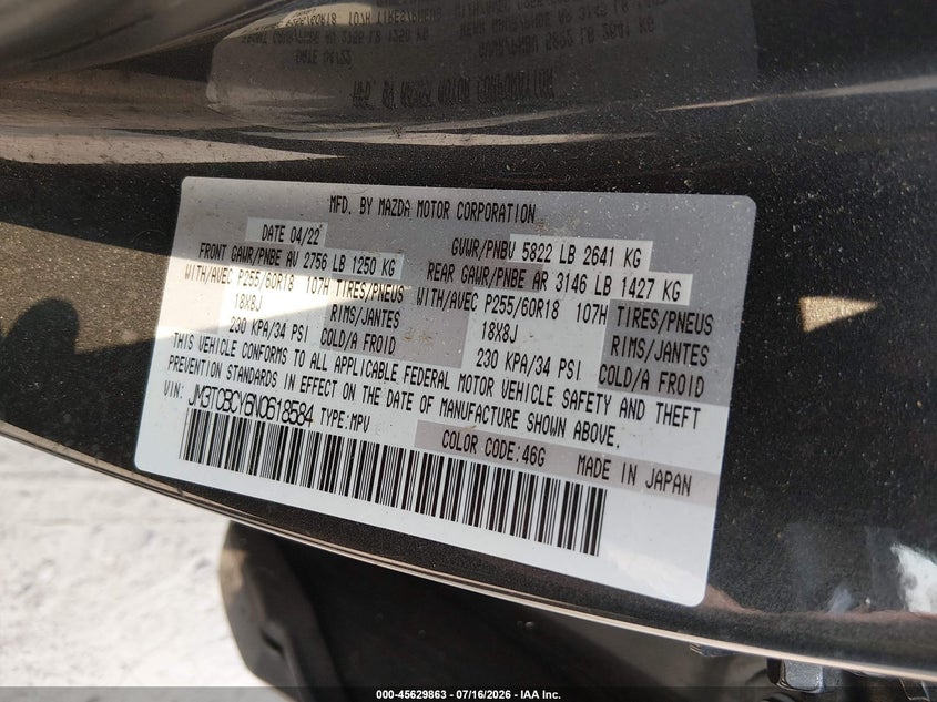 2022 Mazda Cx-9 Touring VIN: JM3TCBCY6N0618584 Lot: 45629863