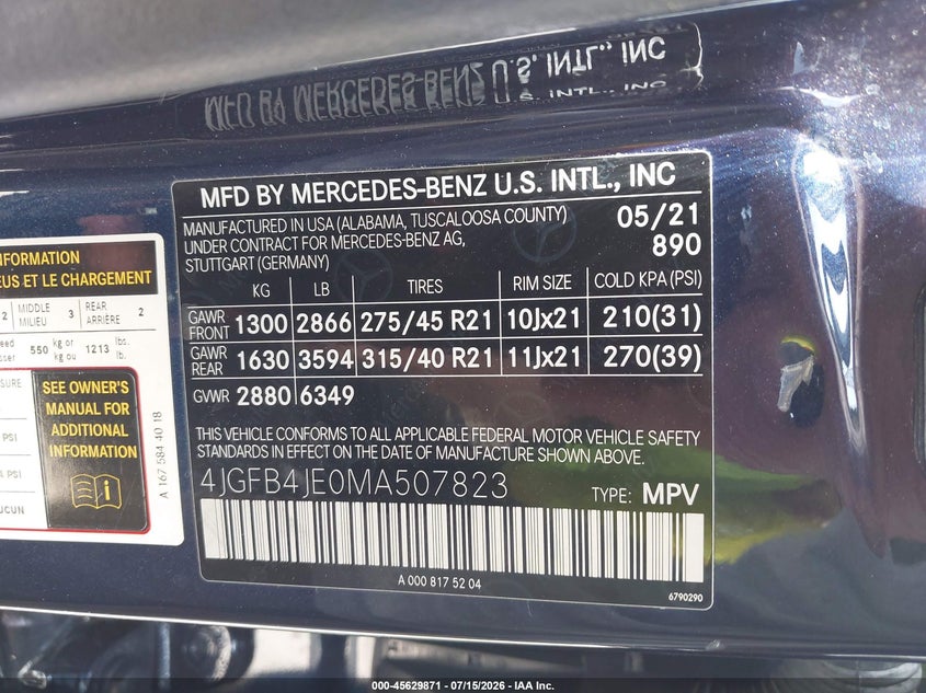 2021 Mercedes-Benz Gle 350 VIN: 4JGFB4JE0MA507823 Lot: 45629871