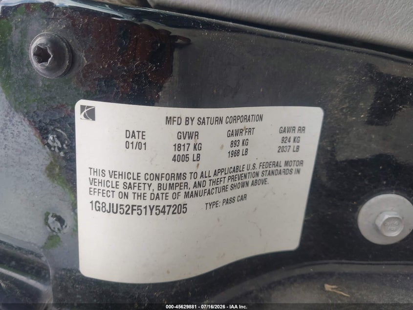 2001 Saturn L200 VIN: 1G8JU52F51Y547205 Lot: 45629881