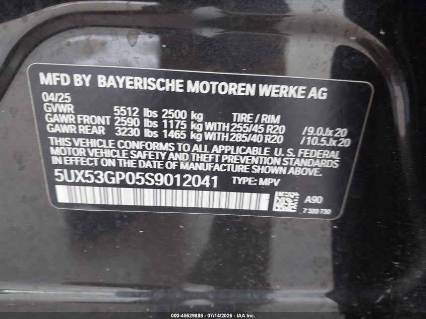 2025 BMW X3 30 xDrive VIN: 5UX53GP05S9012041 Lot: 45629888