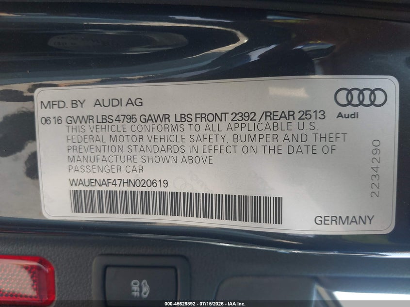 2017 Audi A4 Premium Plus VIN: WAUENAF47HN020619 Lot: 45629892