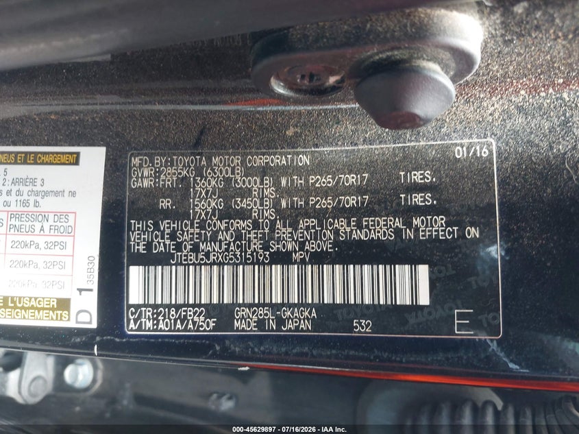 2016 Toyota 4Runner Sr5 VIN: JTEBU5JRXG5315193 Lot: 45629897