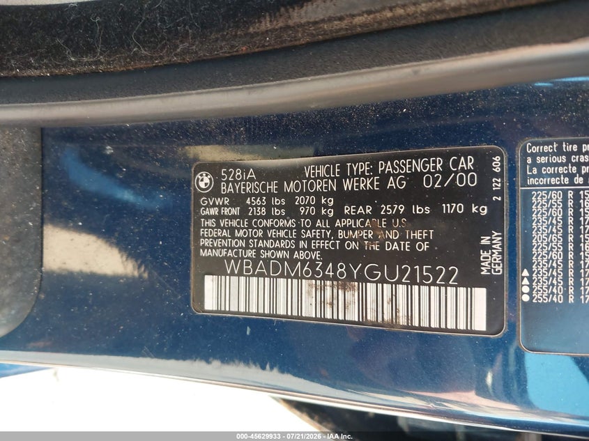 2000 BMW 528Ia VIN: WBADM6348YGU21522 Lot: 45629933