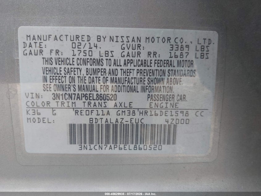 2014 Nissan Versa 1.6 S+ VIN: 3N1CN7AP6EL860520 Lot: 45629935