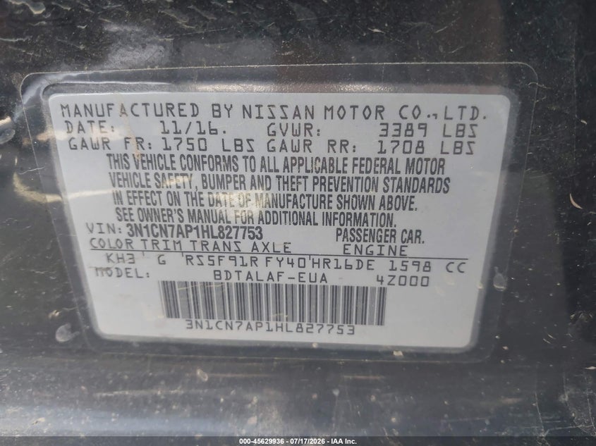 2017 Nissan Versa 1.6 S VIN: 3N1CN7AP1HL827753 Lot: 45629936