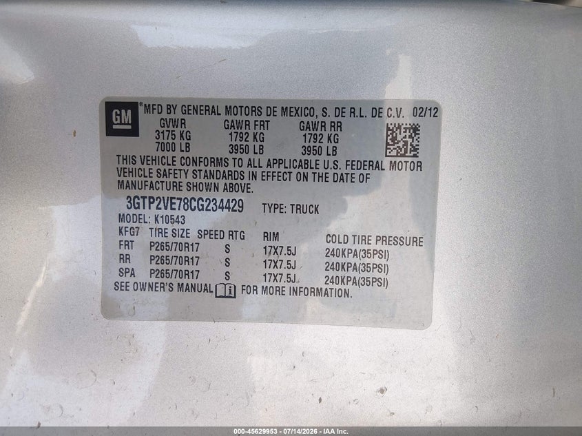 2012 GMC Sierra 1500 Sle VIN: 3GTP2VE78CG234429 Lot: 45629953