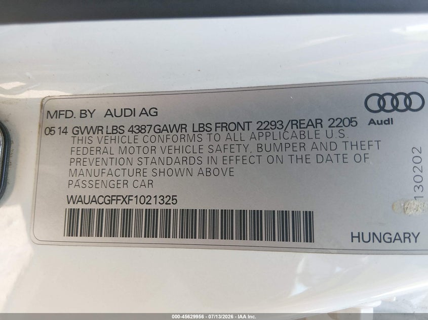 2015 AUDI A3 SEDAN 1.8L I-4 DI, DOHC, VVT, TURBO, 170HP