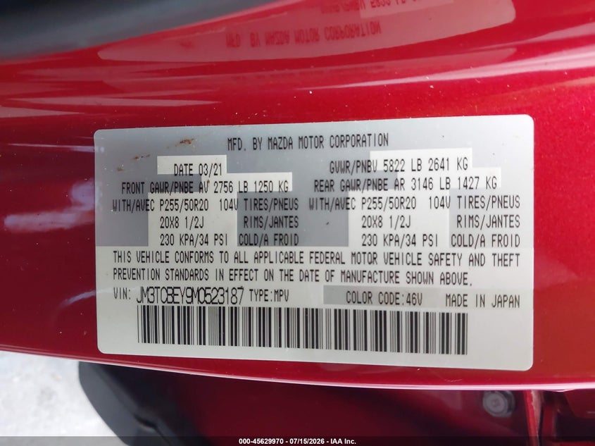 2021 Mazda Cx-9 Signature VIN: JM3TCBEY9M0523187 Lot: 45629970