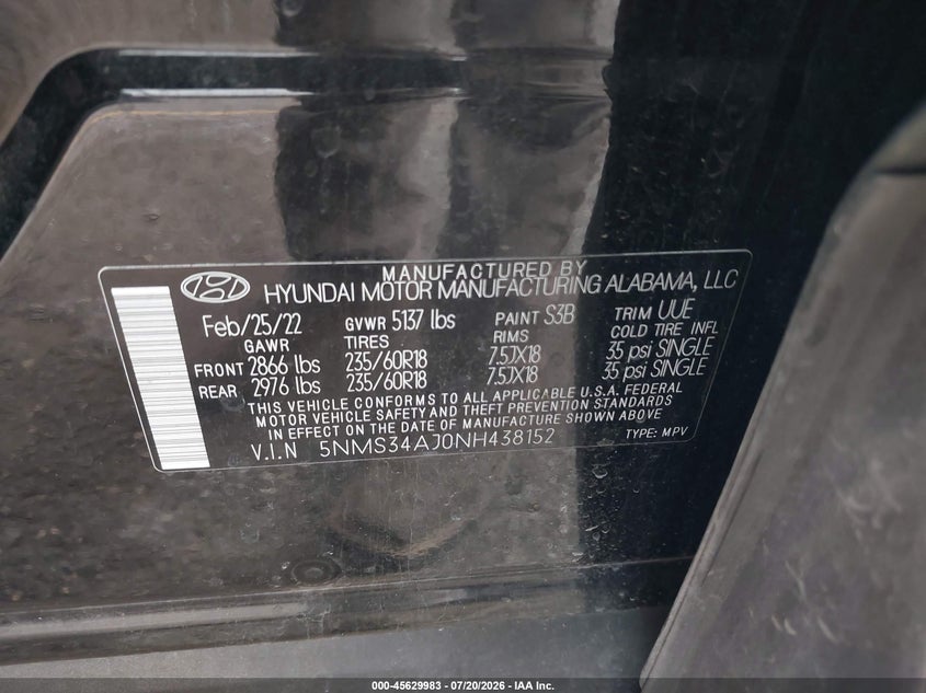 2022 Hyundai Santa Fe Sel VIN: 5NMS34AJ0NH438152 Lot: 45629983