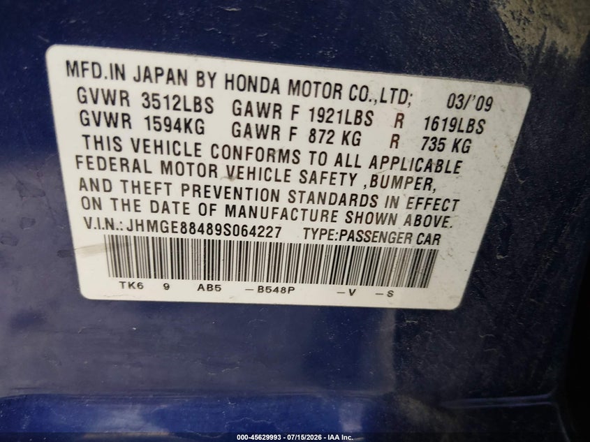 2009 Honda Fit Sport VIN: JHMGE88489S064227 Lot: 45629993