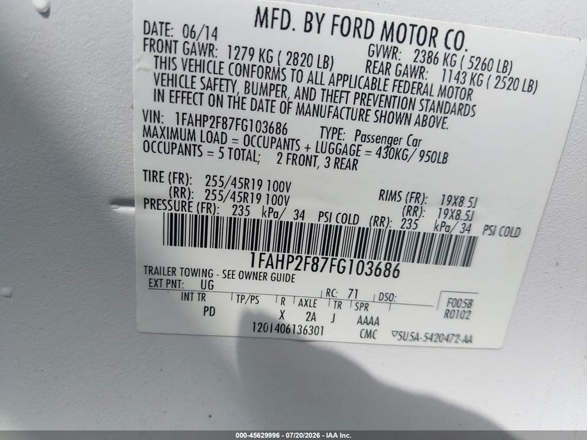 2015 Ford Taurus Limited VIN: 1FAHP2F87FG103686 Lot: 45629996