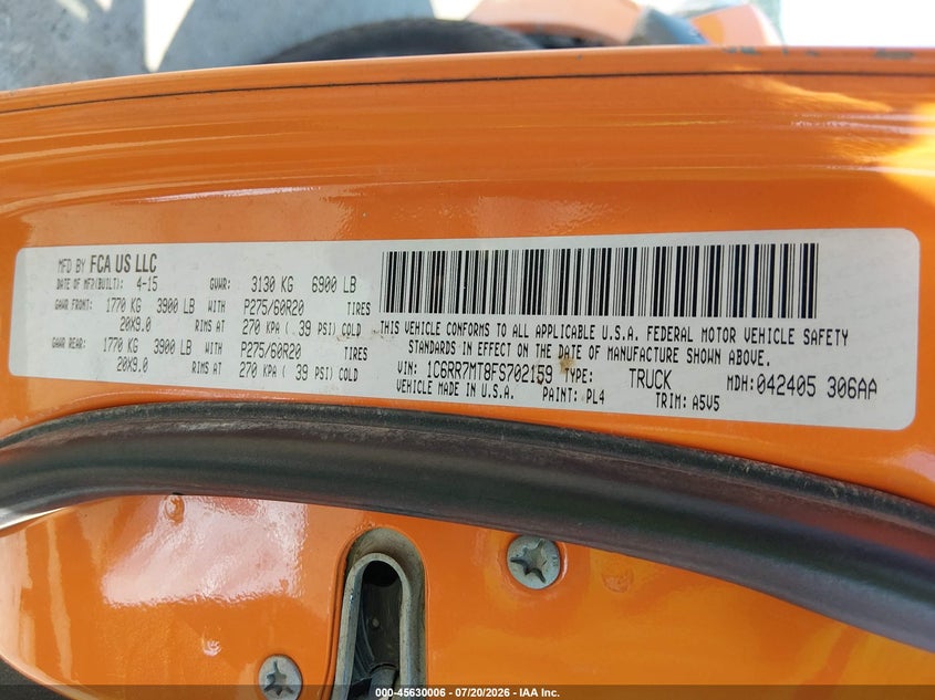 2015 Ram 1500 Sport VIN: 1C6RR7MT8FS702159 Lot: 45630006