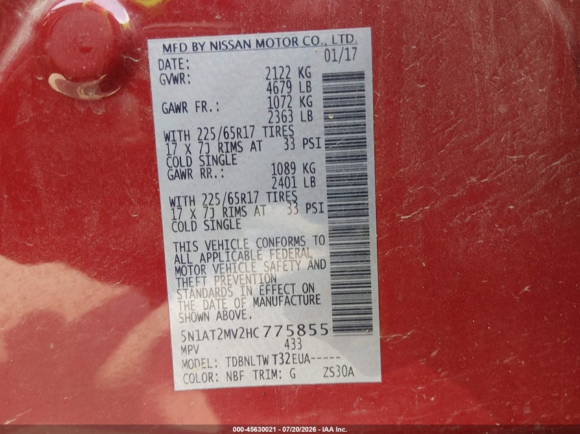 2017 Nissan Rogue Sv VIN: 5N1AT2MV2HC775855 Lot: 45630021