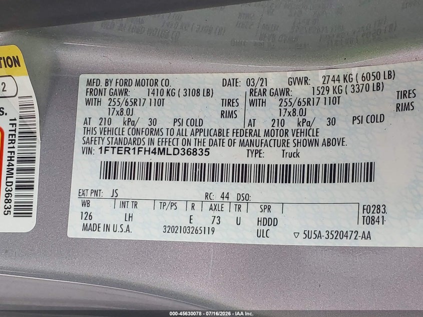 2021 Ford Ranger Xl VIN: 1FTER1FH4MLD36835 Lot: 45630078