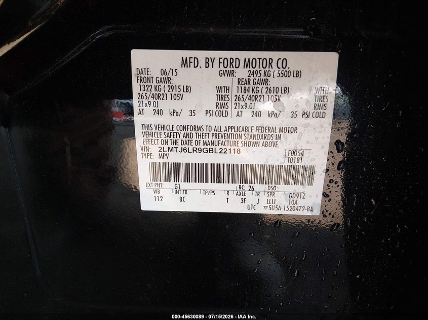 2016 Lincoln Mkx Reserve VIN: 2LMTJ6LR9GBL22118 Lot: 45630089