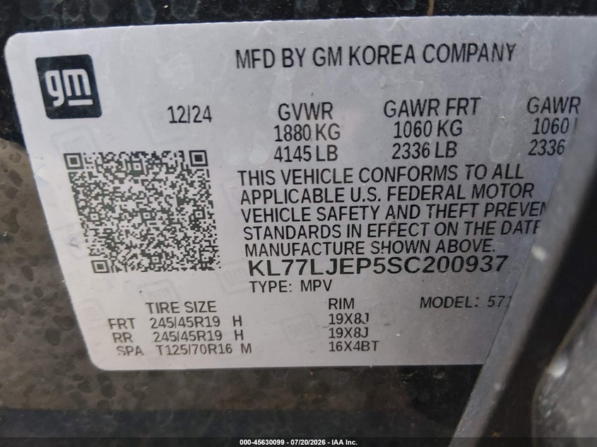 2025 Chevrolet Trax Fwd 2Rs VIN: KL77LJEP5SC200937 Lot: 45630099